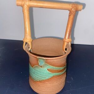 Vintage Signed Studio Pottery Basket Bamboo Handle